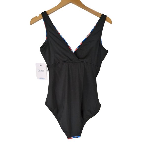 Dolfin Aquashape Swimsuit One Piece Tummy Control Floral Blue Black Womens 10 - Picture 2 of 9